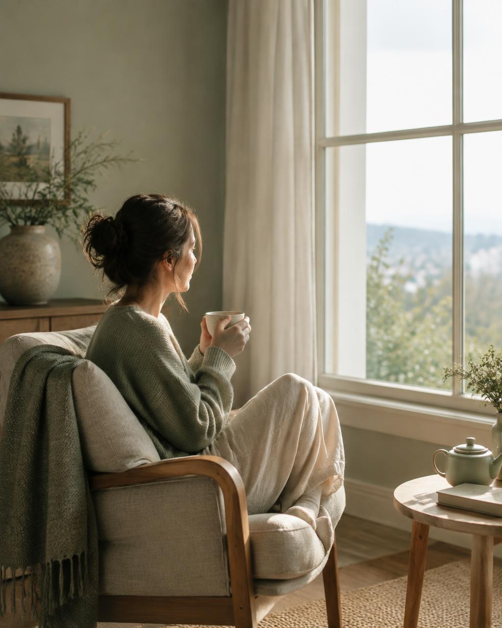 Eine Frau sitzt entspannt mit einer Tasse Tee in einem Sessel am Fenster und blickt in die Landschaft
