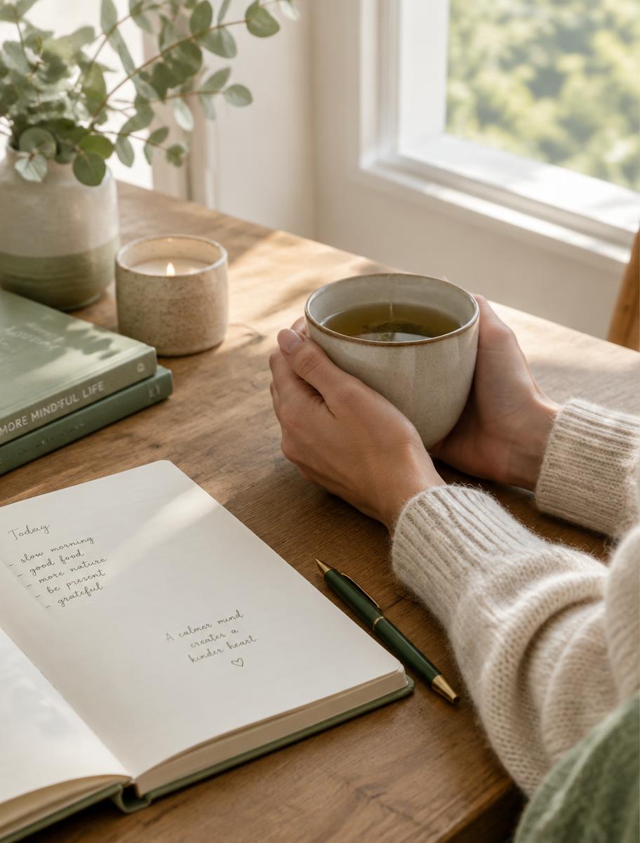 Hände halten eine Tasse Tee, daneben liegen ein aufgeschlagenes Notizbuch, ein Stift und eine Kerze bei Tageslicht