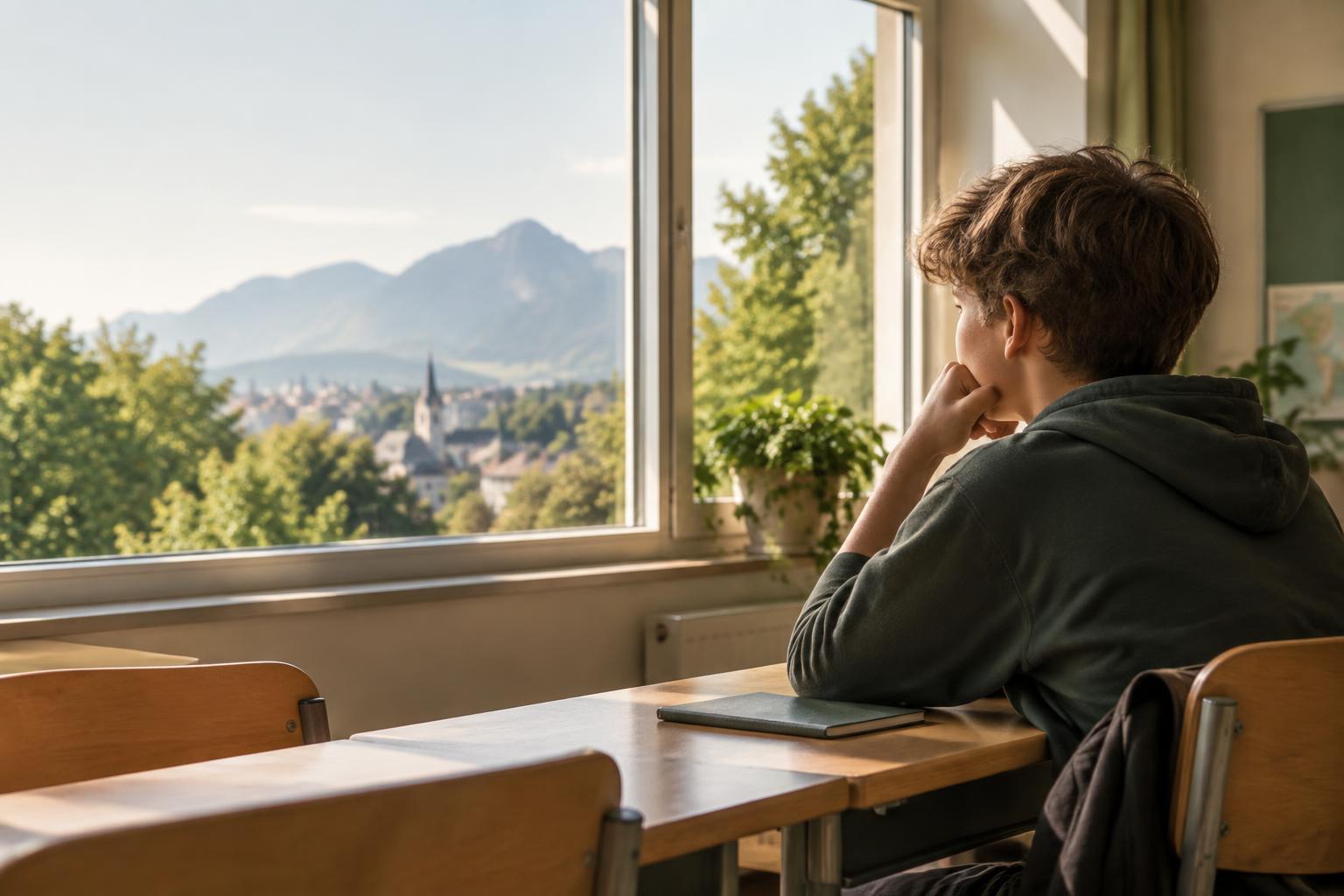 Ein Jugendlicher sitzt nachdenklich an einem Tisch und blickt aus dem Fenster