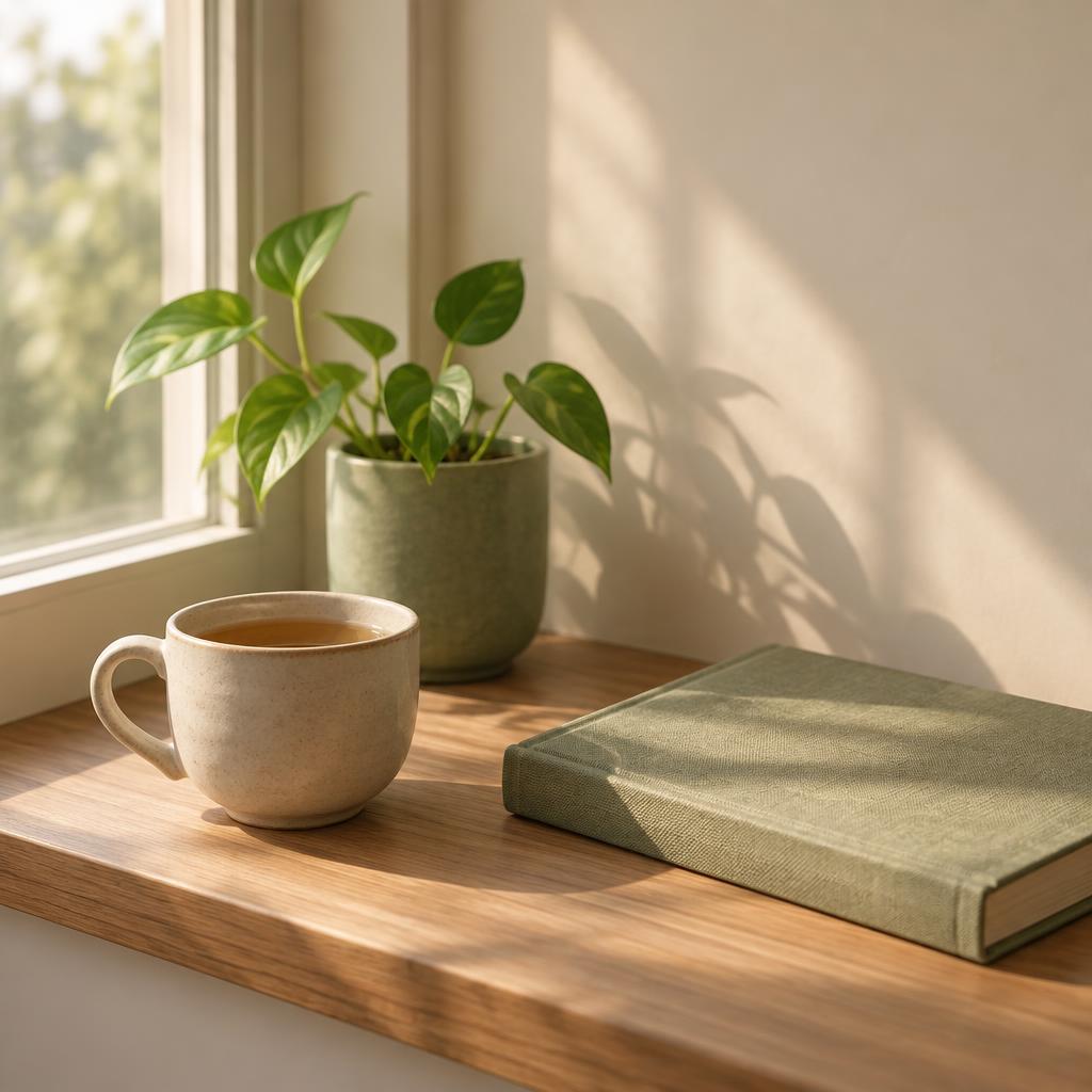 Eine Tasse Tee und ein Buch am Fenster bei ruhigem Morgenlicht, Symbol für die Beziehung zu sich selbst